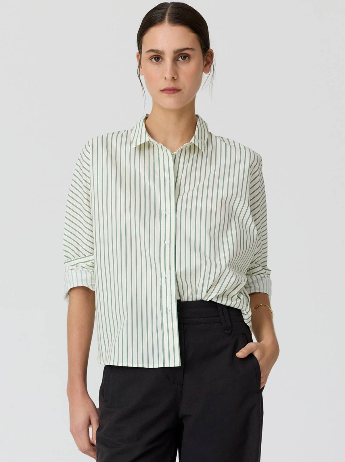 Image of a model wearing Tops. Product name - Pol Botanica Stripe Shirt in Botanica colour by brand - Pol
