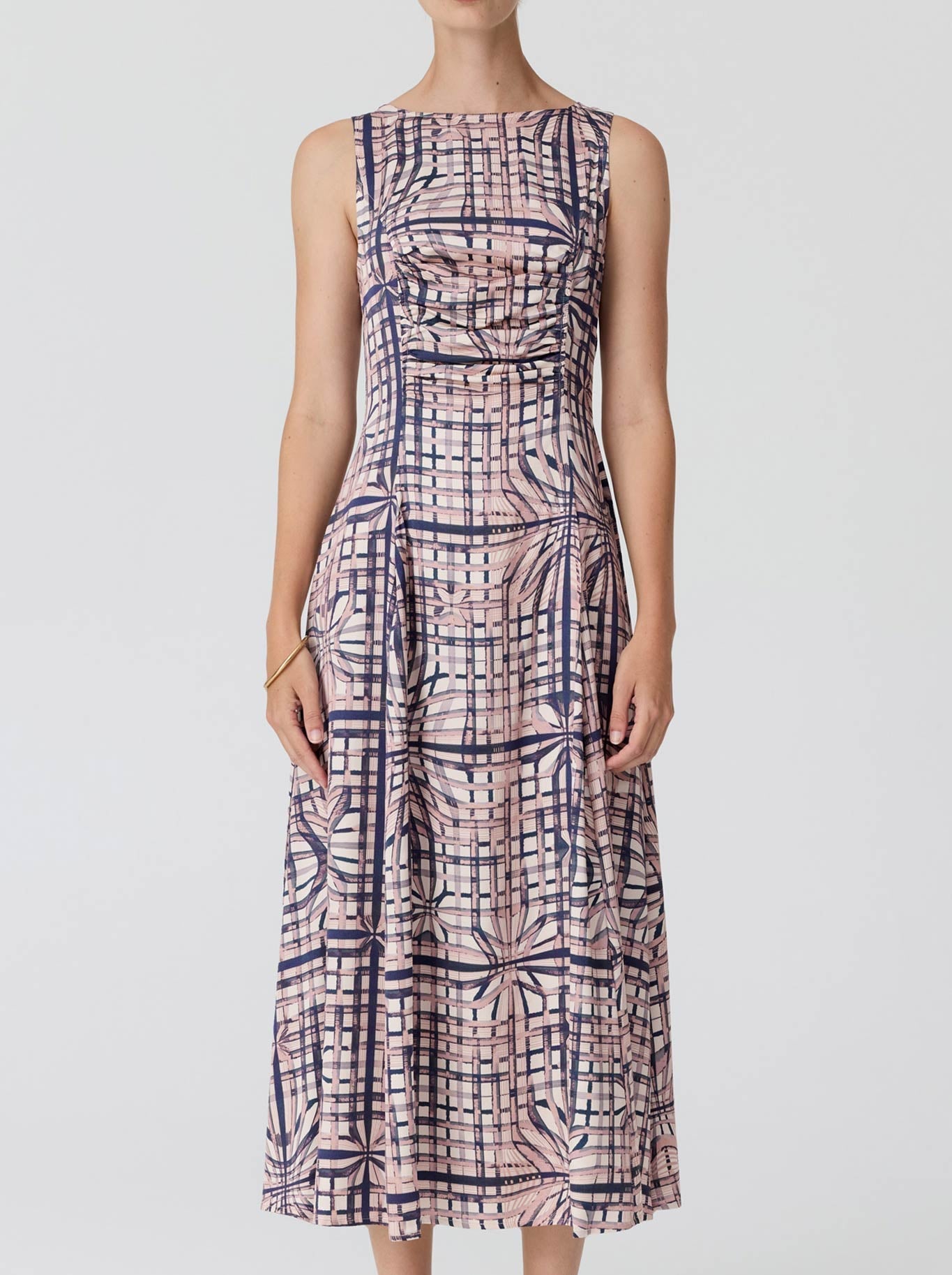 Image of Dresses. Product name - POL LATTICE GATHERED DRESS in Pink Check colour by brand - Pol