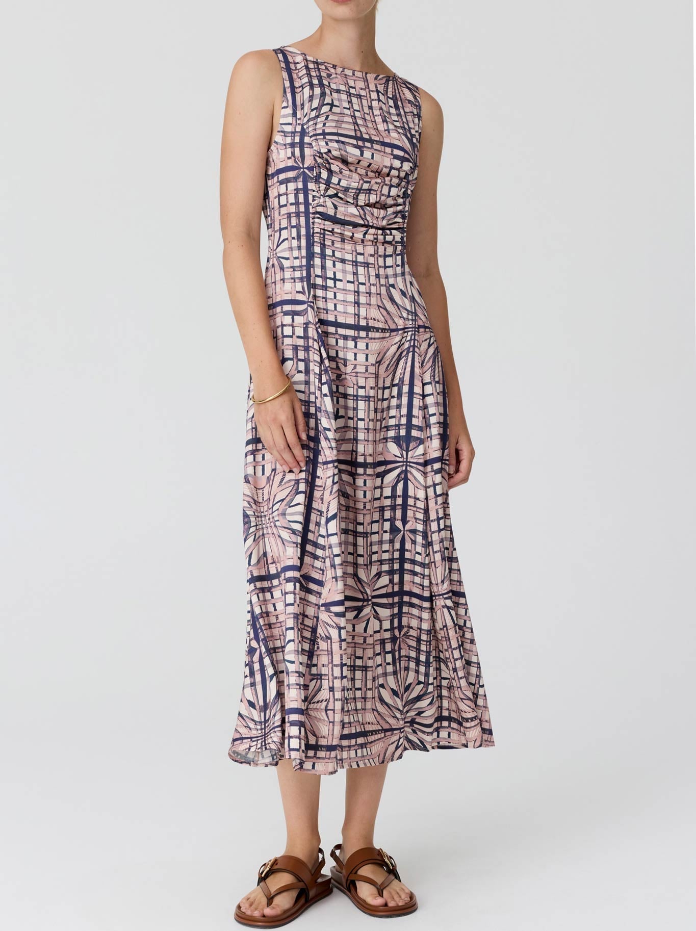 POL LATTICE GATHERED DRESS (Pink Check)