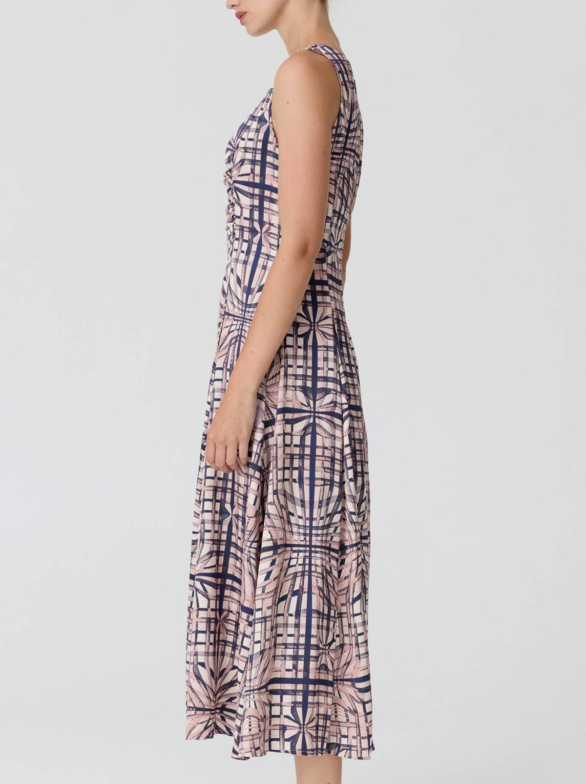 POL LATTICE GATHERED DRESS (Pink Check)