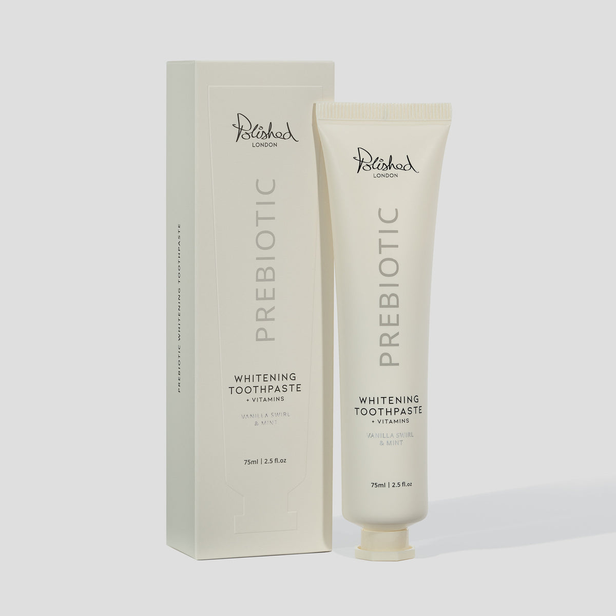 Image of Teeth Whiteners. Product name - Prebiotic Whitening Toothpaste Vanilla Swirl & Mint 75ml in colour by brand - Polished London