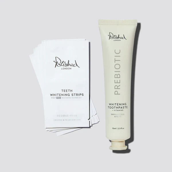 Image of Teeth Whiteners. Product name - Teeth Whitening Strips & Prebiotic Whitening Toothpaste Vanilla Swirl Bundle in colour by brand - Polished London