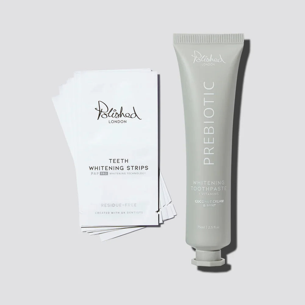 Image of Teeth Whiteners. Product name - Teeth Whitening Strips & Prebiotic Whitening Toothpaste Coconut Cream Bundle in colour by brand - Polished London