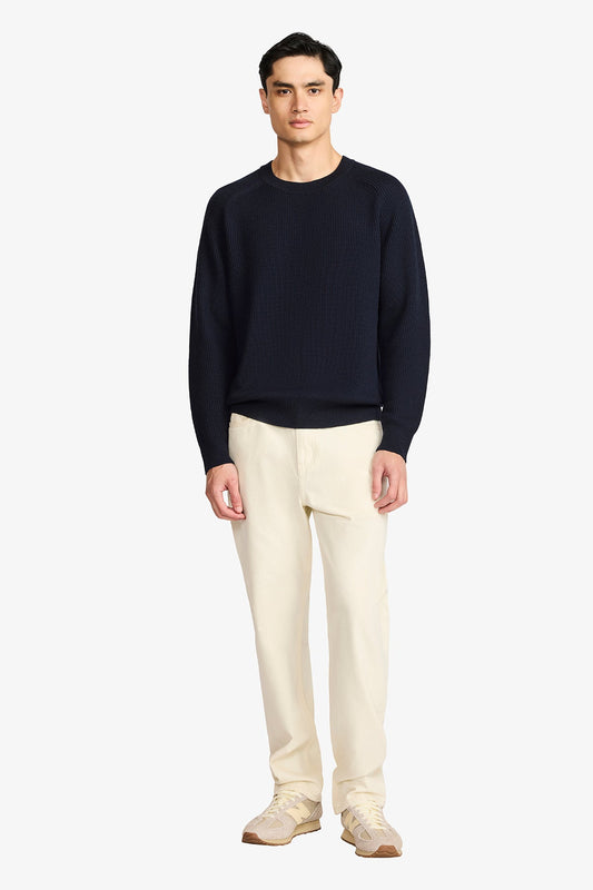 Image of a model wearing Tops. Productname: Portside Navy Rib Knit in Navy colour by brand - Anthony Squires