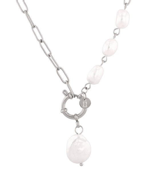 Image of Necklaces. Product name - Positano Silver Pearl Necklace in colour by brand - LAVANA
