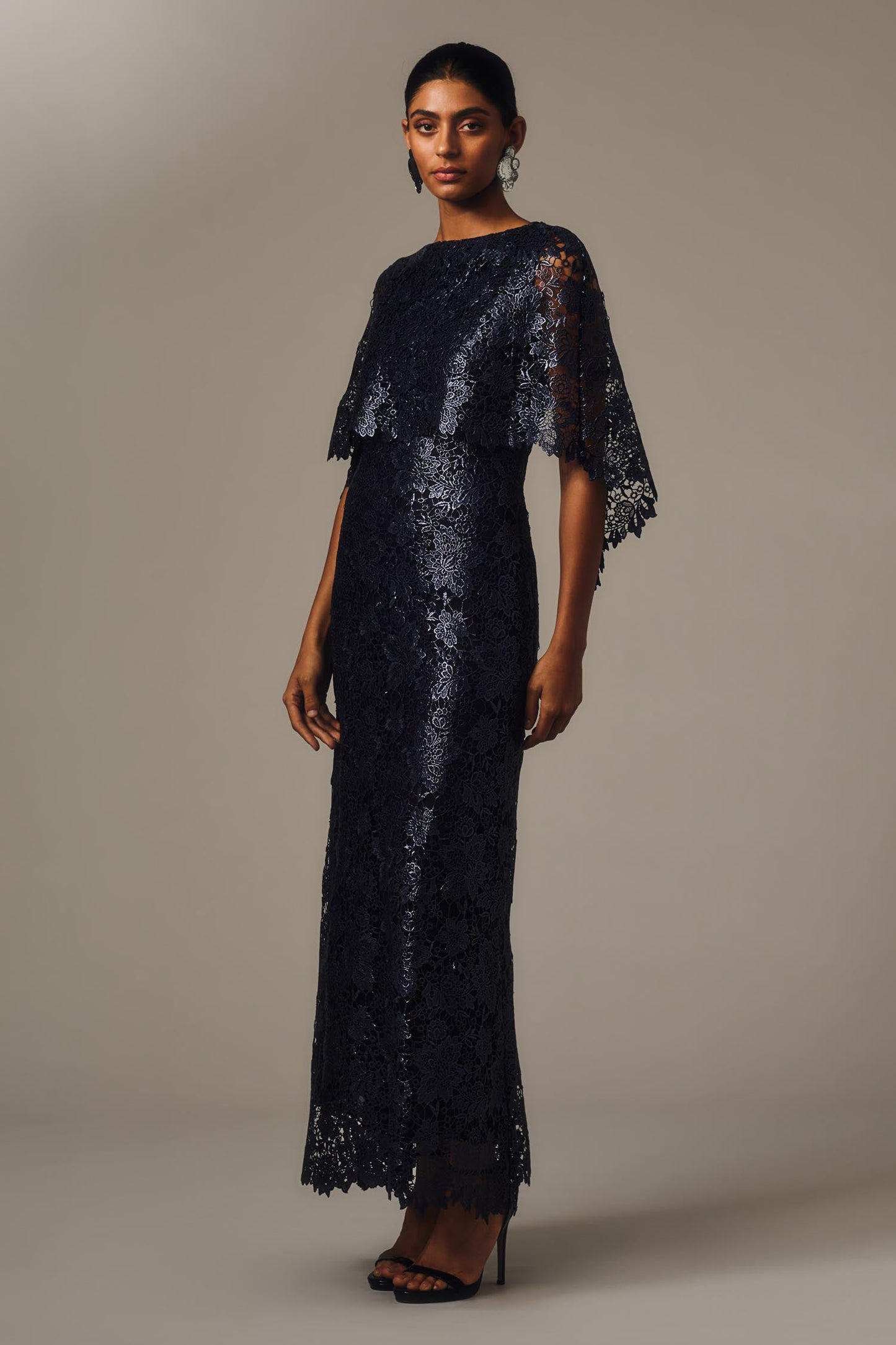 Carla Zampatti Foiled Lace Cape Gown (Navy)