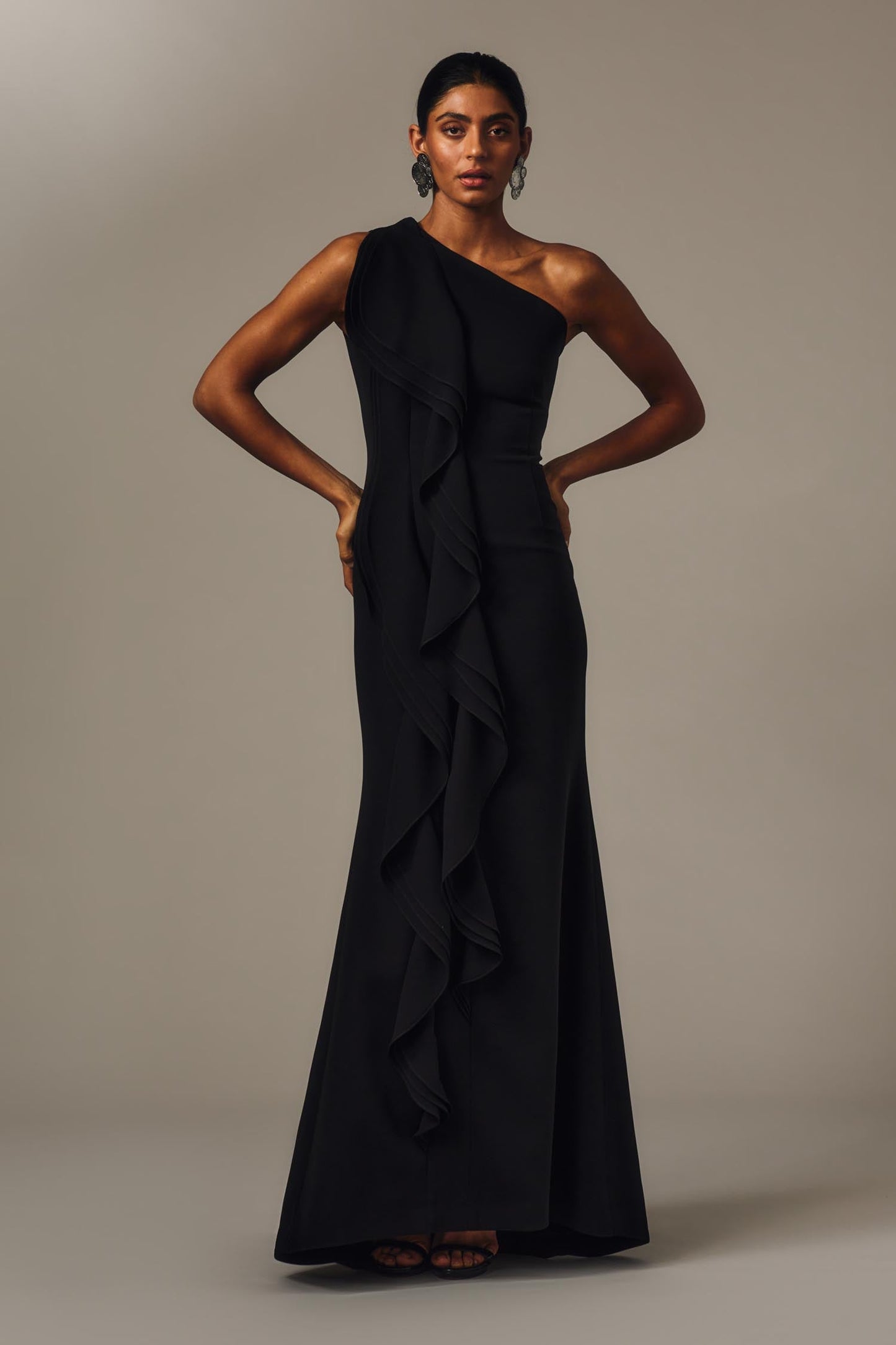 Carla Zampatti Crepe One Shoulder Petal Gown (Black)