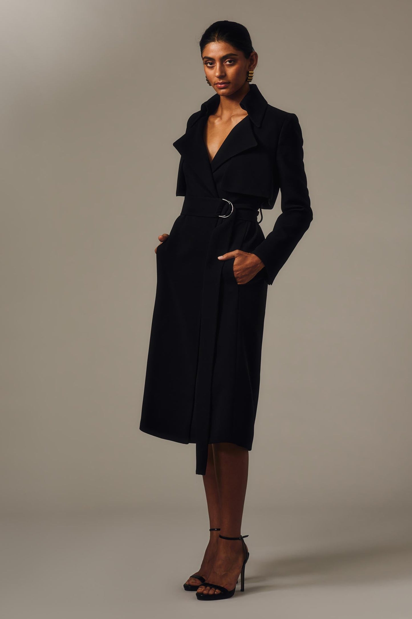 Carla Zampatti Crepe Double-Breasted Trench Coat (Black)
