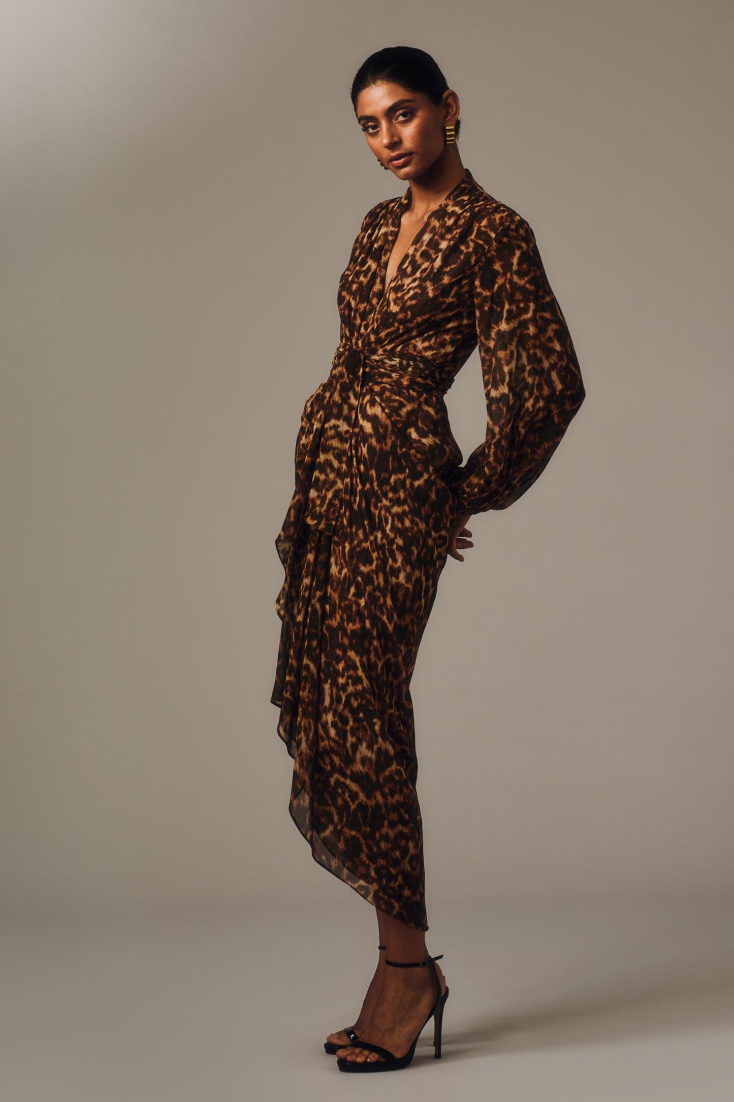 Carla Zampatti Leopard Silk Waterfall Dress (Brown)