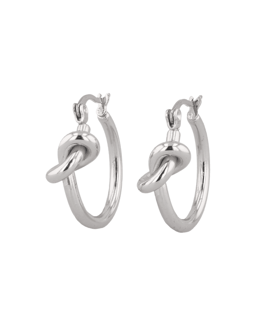 Image of Earrings. Product name - Pretzel Knot Silver Hoop Earrings in colour by brand - LAVANA
