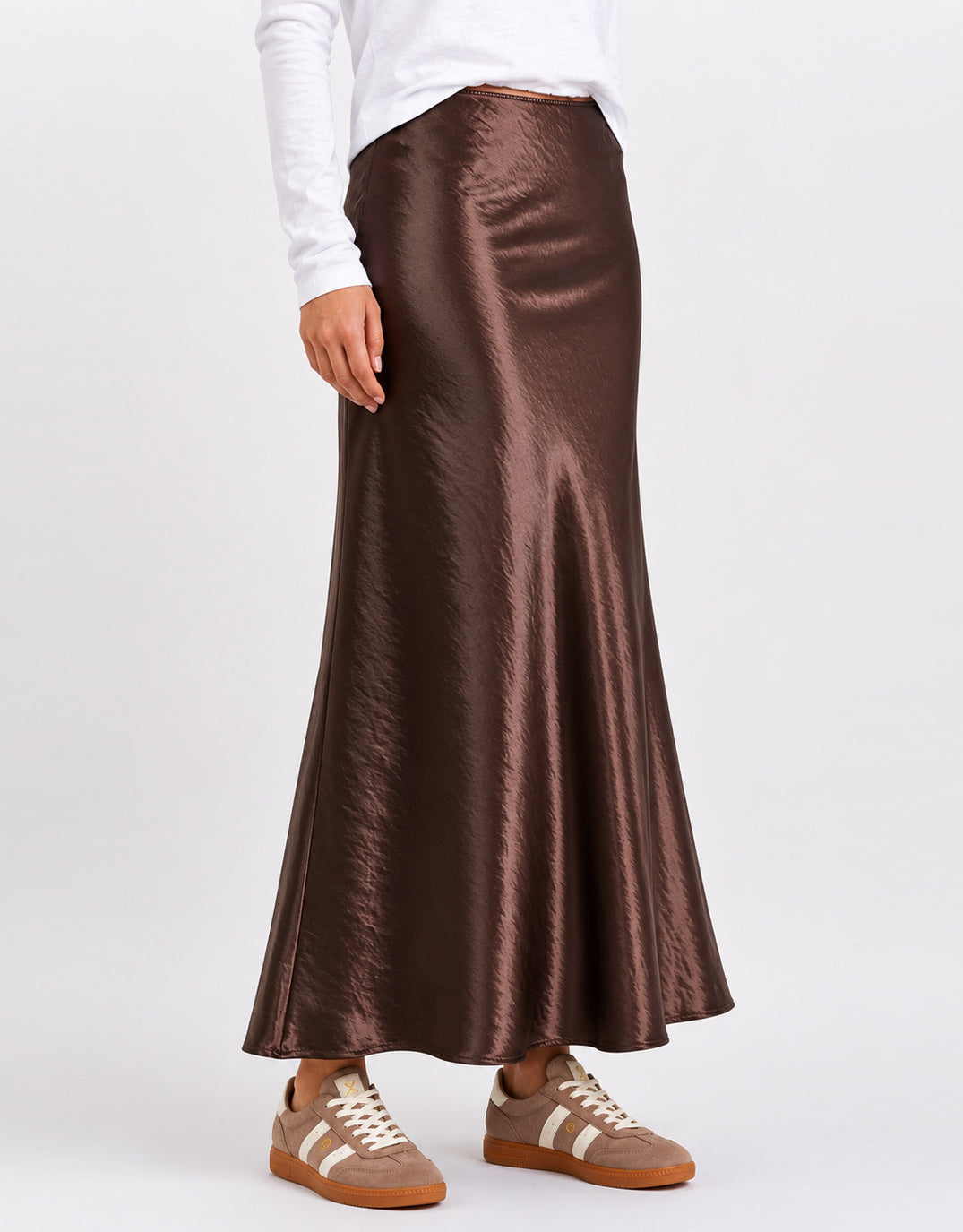 Stories Be Told Prodigy Satin Bias Cut Maxi Skirt (Chocolate)