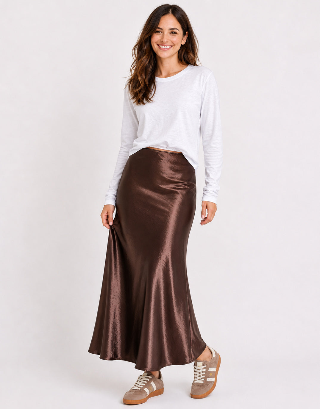 Stories Be Told Prodigy Satin Bias Cut Maxi Skirt (Chocolate)