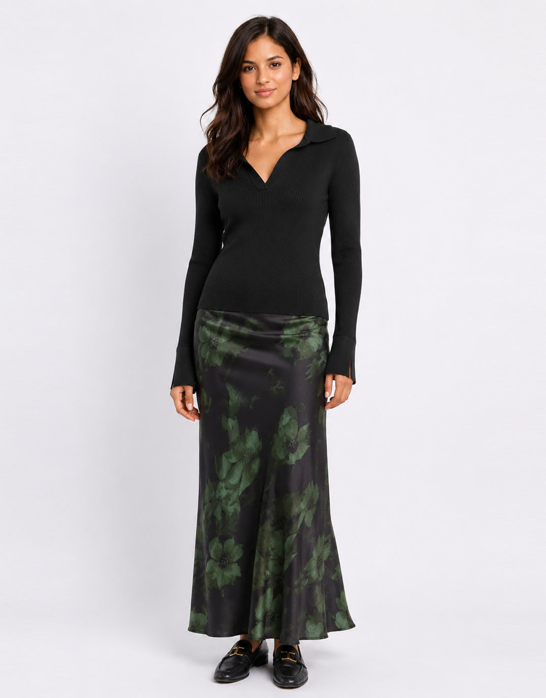 Stories Be Told Prodigy Satin Bias Cut Maxi Skirt (Green Shadow Garden)