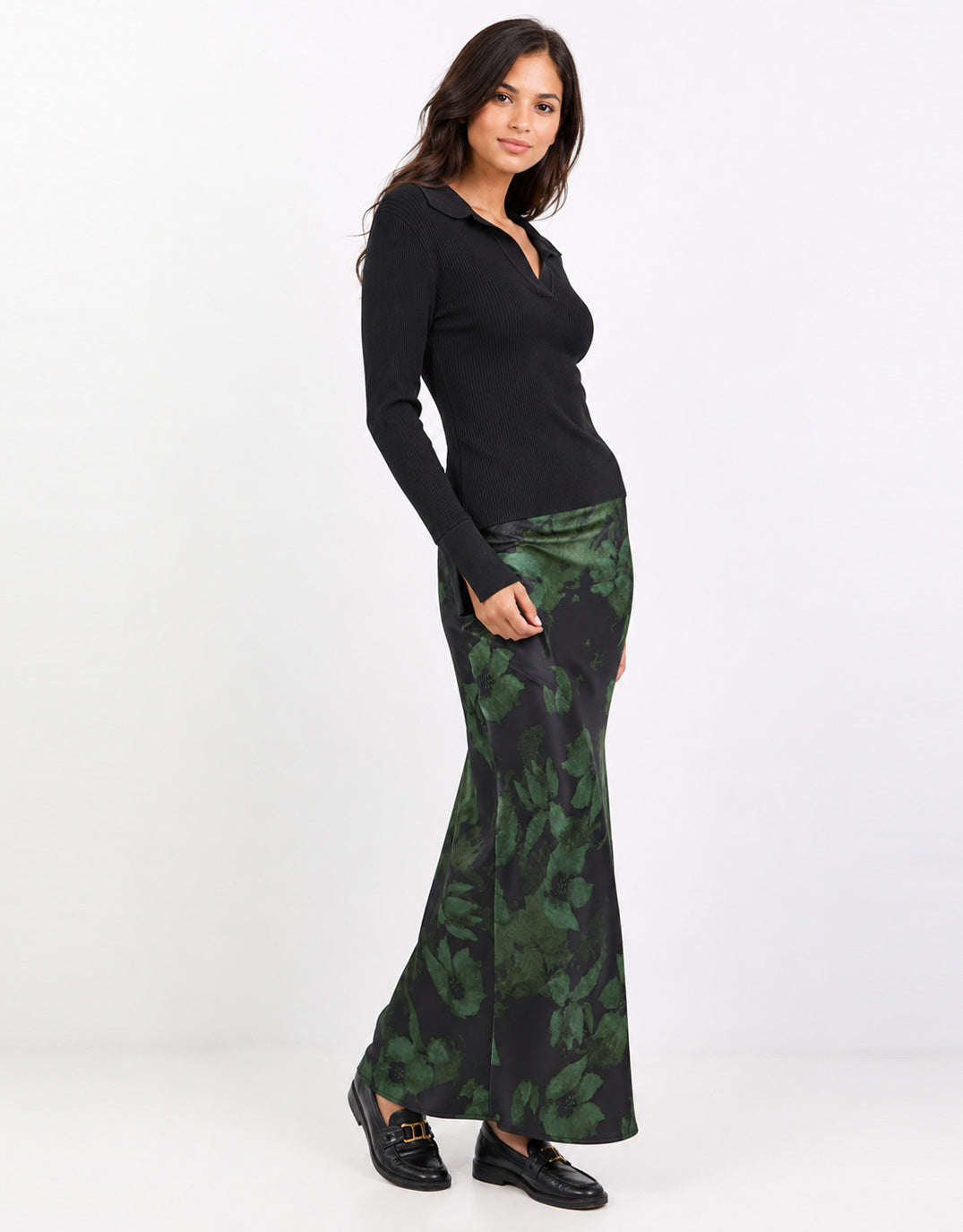 Stories Be Told Prodigy Satin Bias Cut Maxi Skirt (Green Shadow Garden)