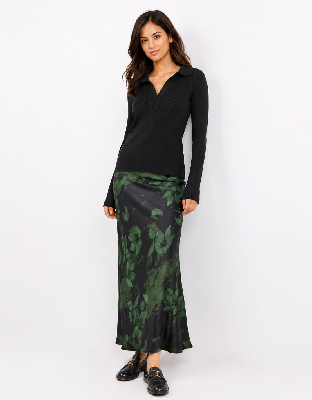 Stories Be Told Prodigy Satin Bias Cut Maxi Skirt (Green Shadow Garden)