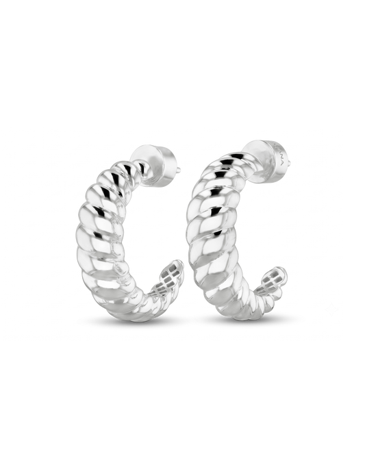 Image of Earrings. Product name - Puffy Croissant Silver Hoop Earrings in colour by brand - LAVANA