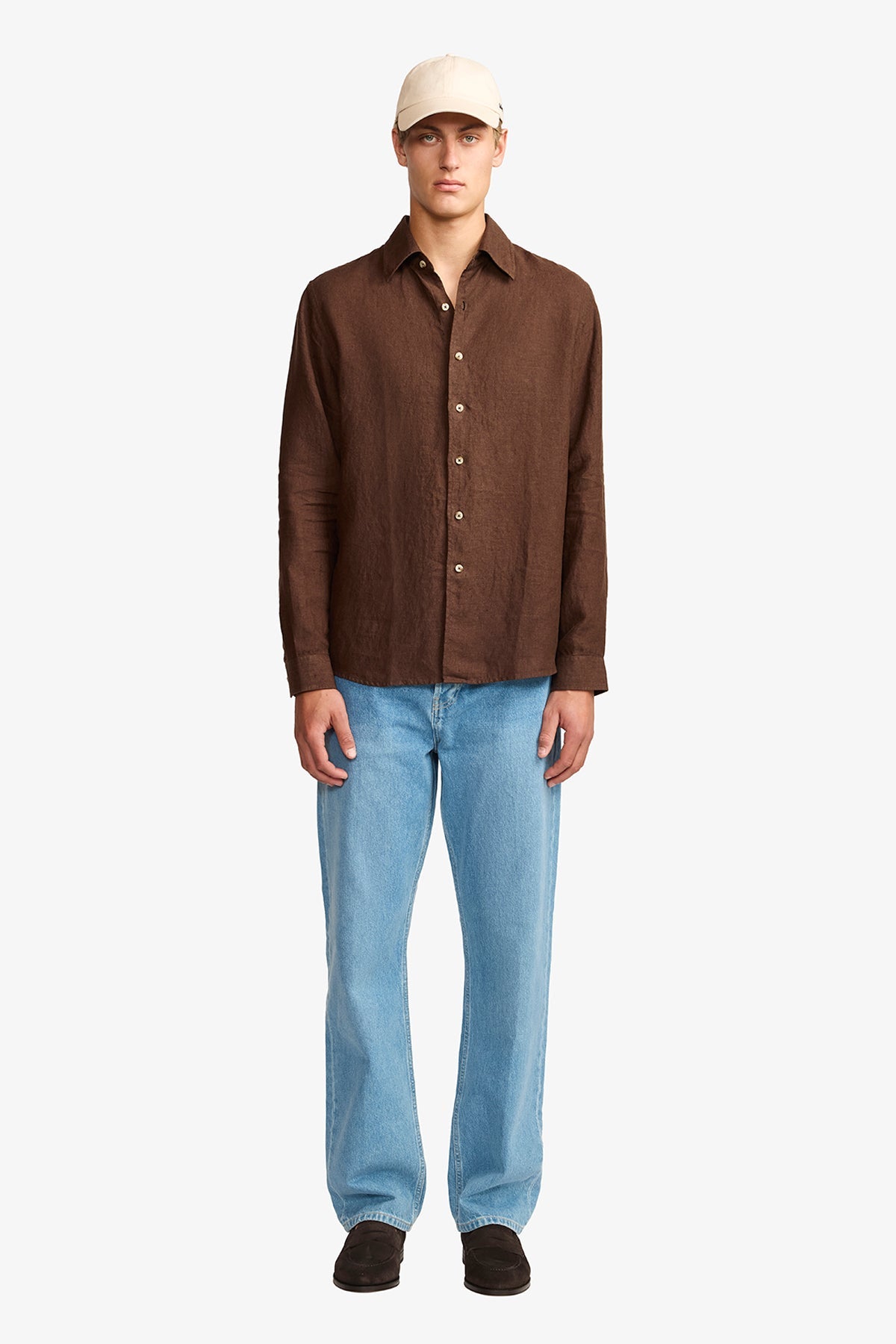 Image of a model wearing Tops. Productname: Anthony Squires Quy brown linen shirt in Brown colour by brand - Anthony Squires