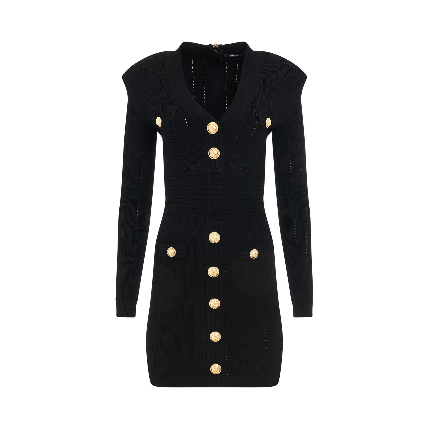 Image of Dresses. Productname: BALMAIN V-Neck Buttoned Knit Short Dress in BLACK colour by brand - BALMAIN