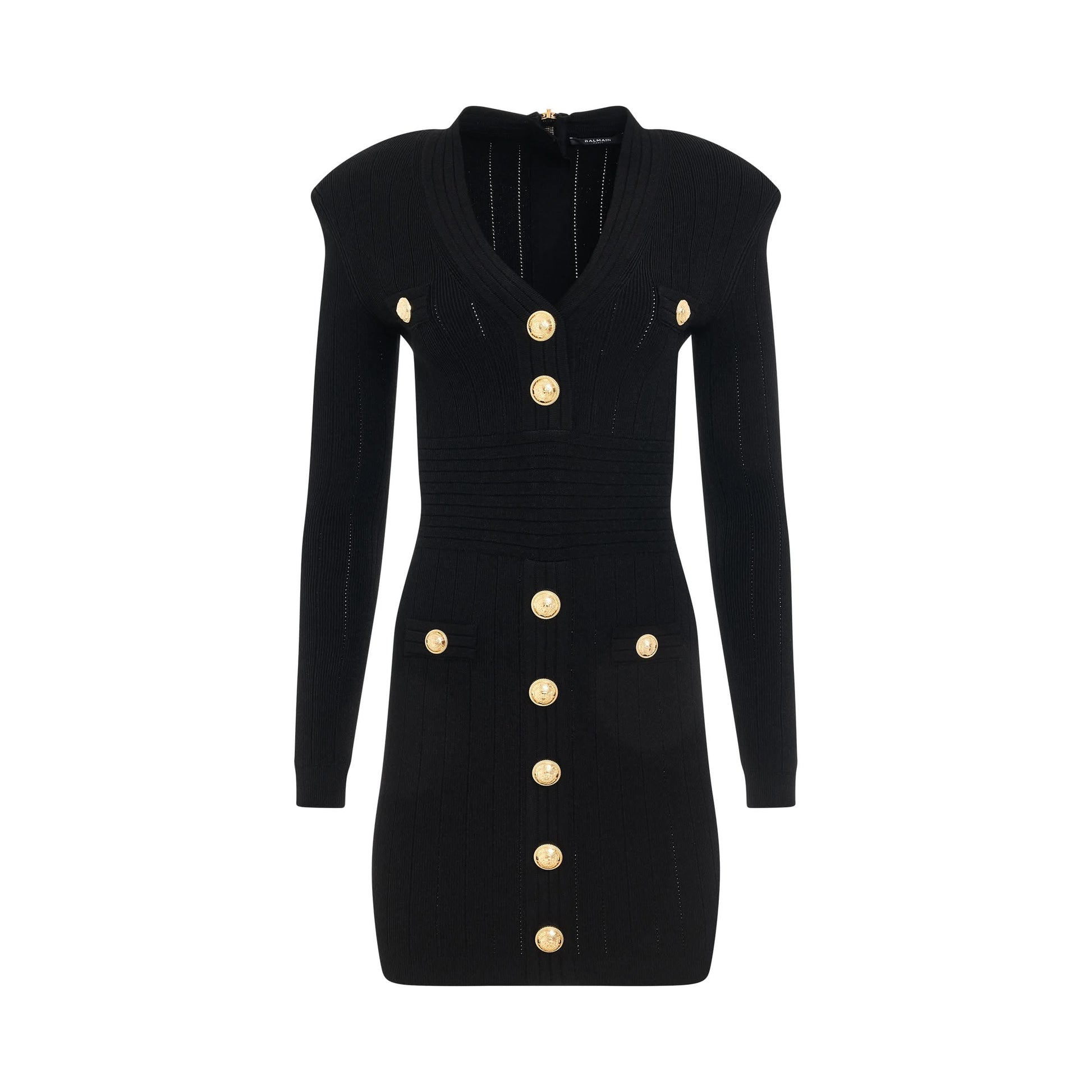 Image of Dresses. Productname: BALMAIN V-Neck Buttoned Knit Short Dress in BLACK colour by brand - BALMAIN