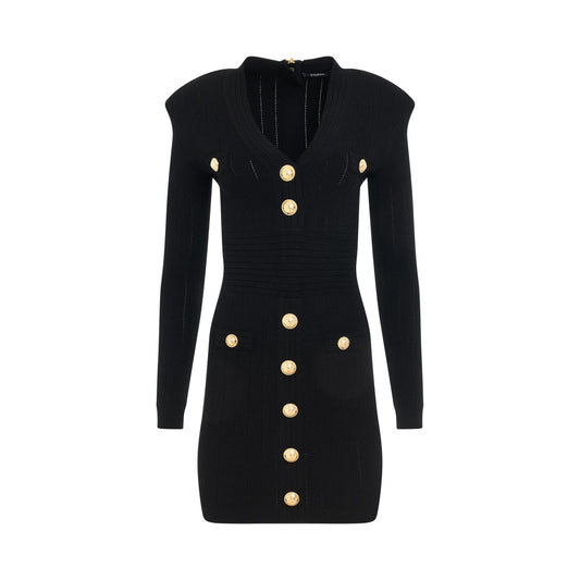 Image of Dresses. Productname: BALMAIN V-Neck Buttoned Knit Short Dress in BLACK colour by brand - BALMAIN