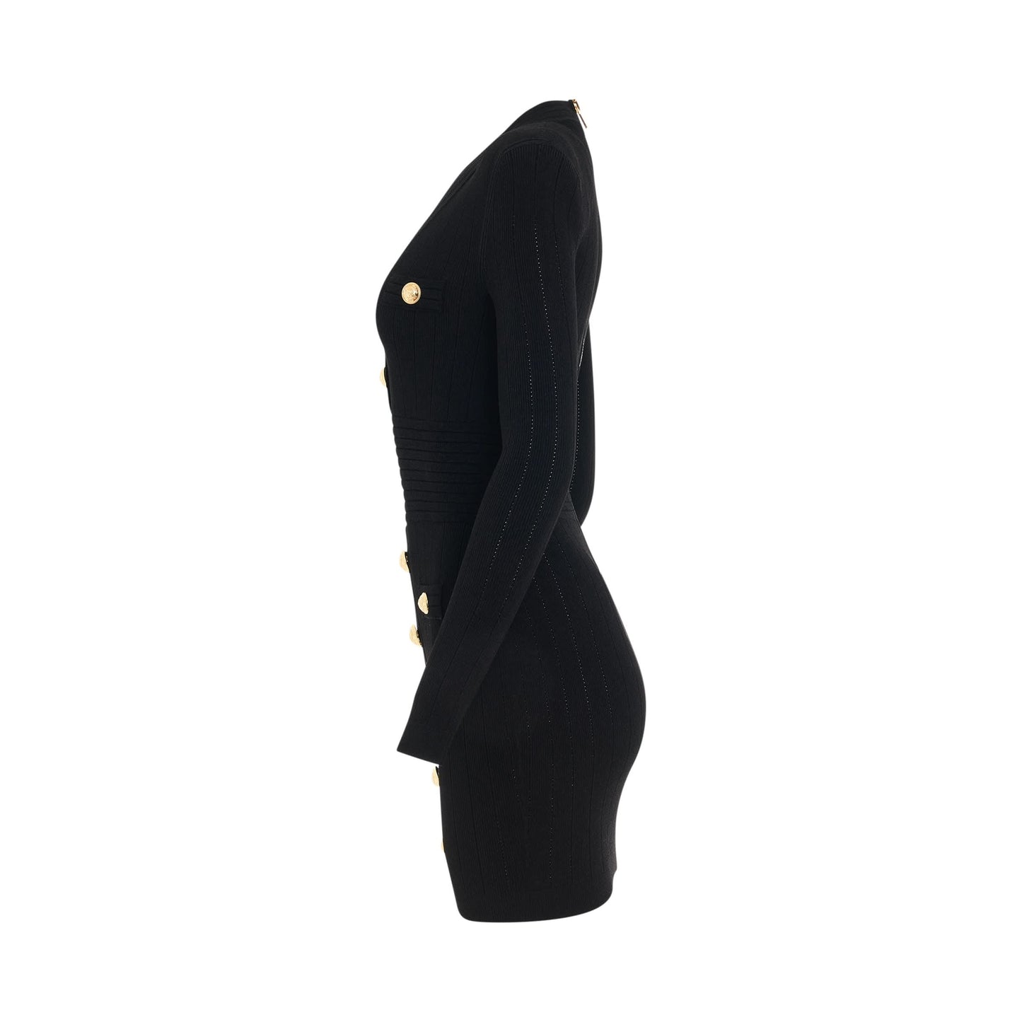 BALMAIN V-Neck Buttoned Knit Short Dress (Black)