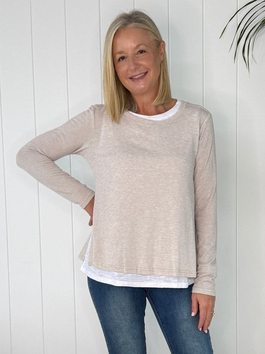 Image of a model wearing Tops. Product name - Alice 2in1 Knit Top Stone in Stone colour by brand - Threadz