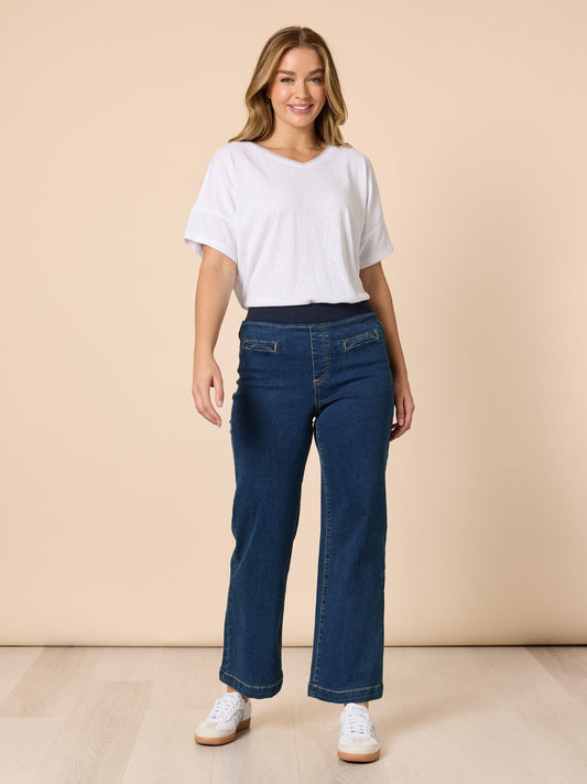 Threadz Maddy Pull on Wide Leg Jean (Dark Denim)
