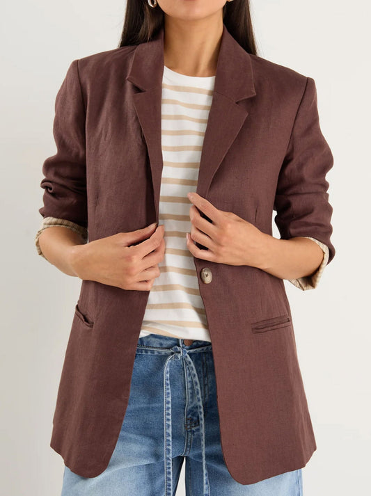 Image of a model wearing Outerwear. Productname: RE:UNION THE LABEL ATLANTIC BLAZER in Chocolate colour by brand - Re:Union The Label