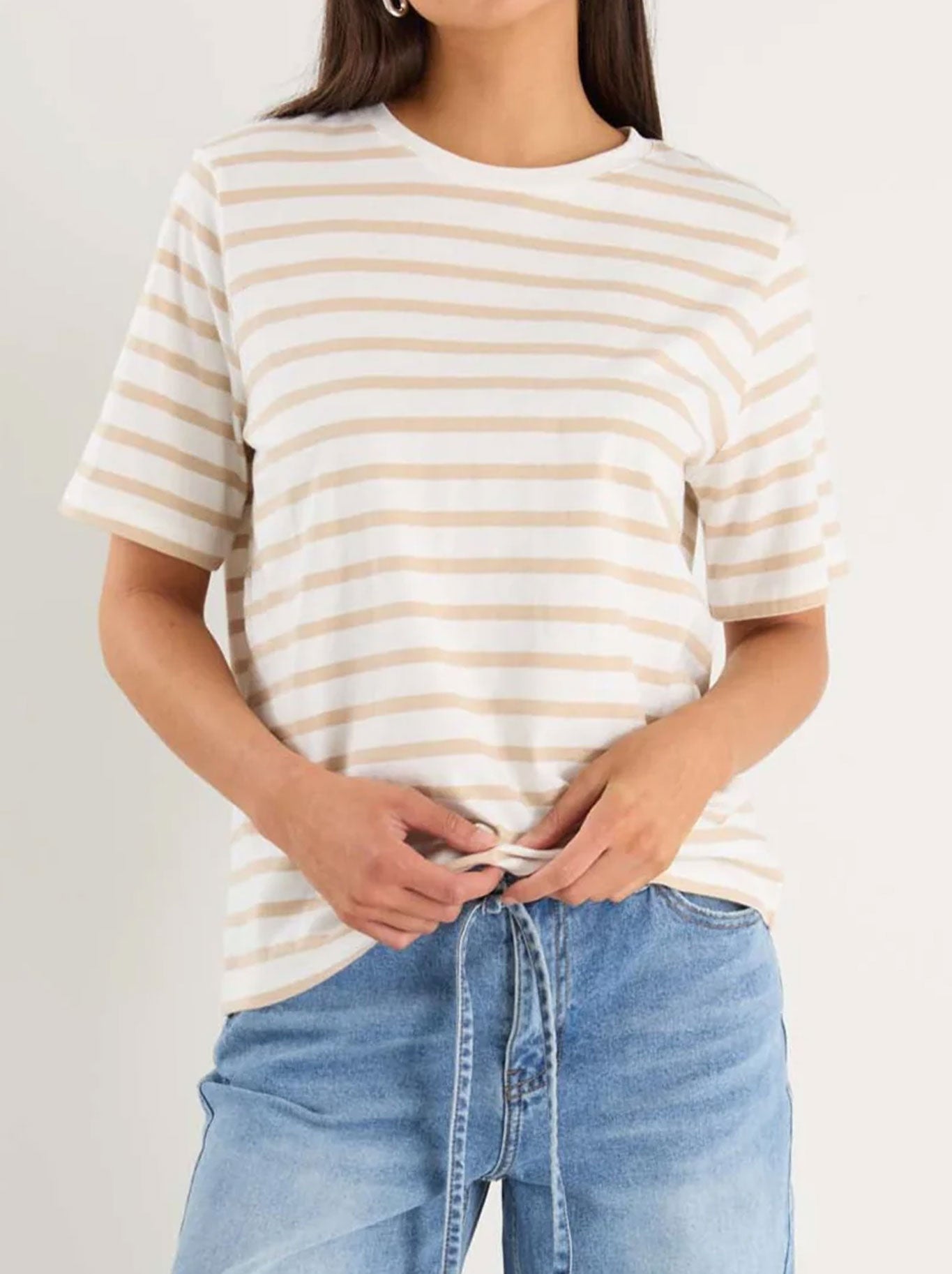 Image of a model wearing Tops. Productname: RE:UNION THE LABEL BINDING STRIPE BOXY FIT TEE in White Natural colour by brand - Re:Union The Label