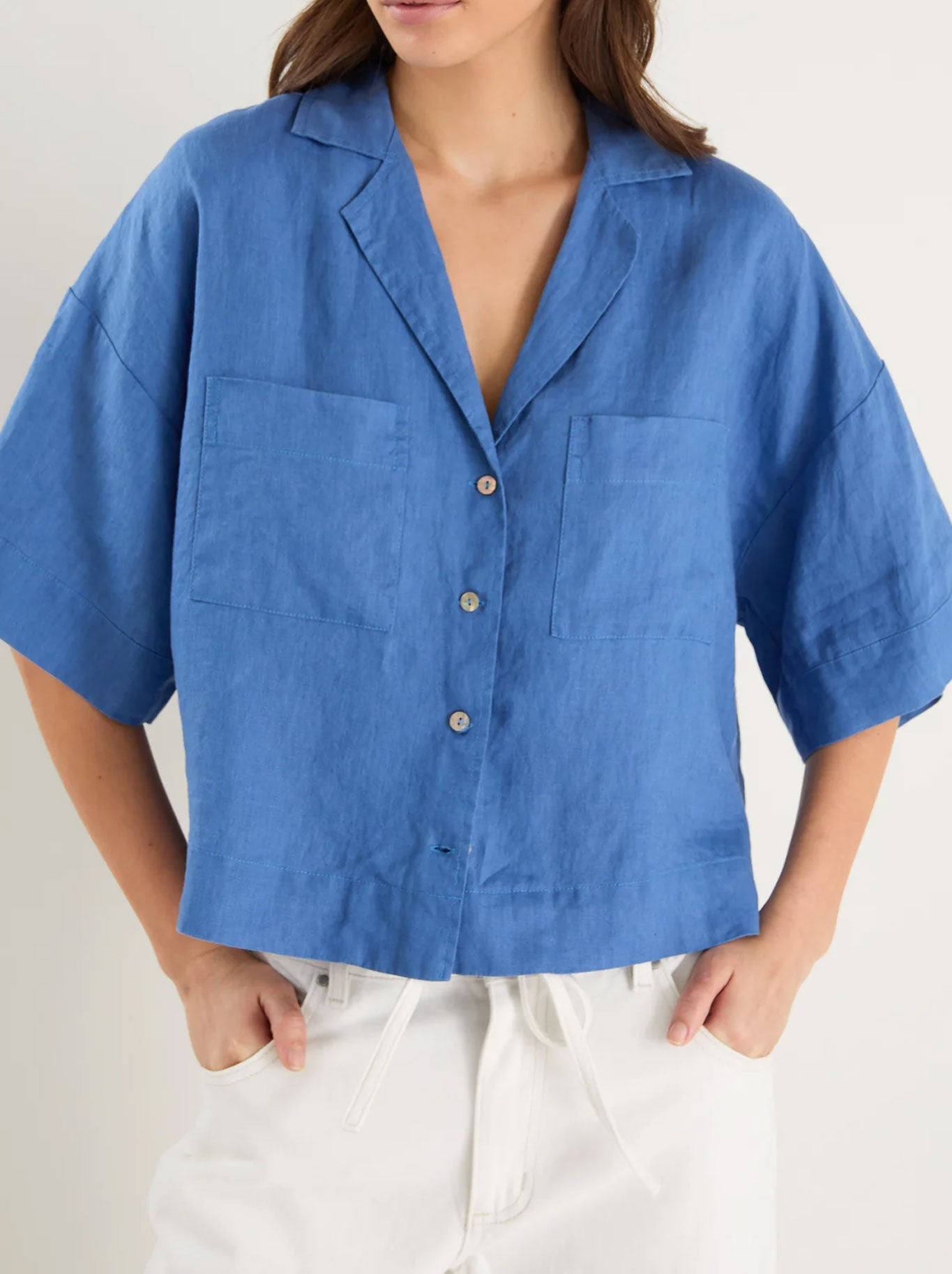 Image of Shirts. Productname: RE:UNION THE LABEL MEANDER LINEN BOXY SS SHIRT in Cornflour Blue Chambray colour by brand - Re:Union The Label