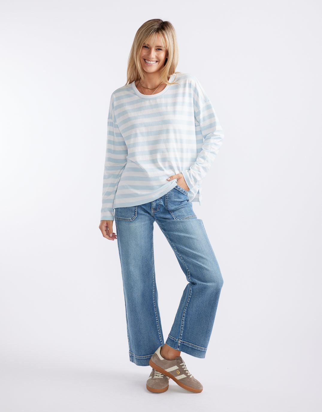 White & Co. Relaxed Long Sleeve T-Shirt (Ice Blue/White)