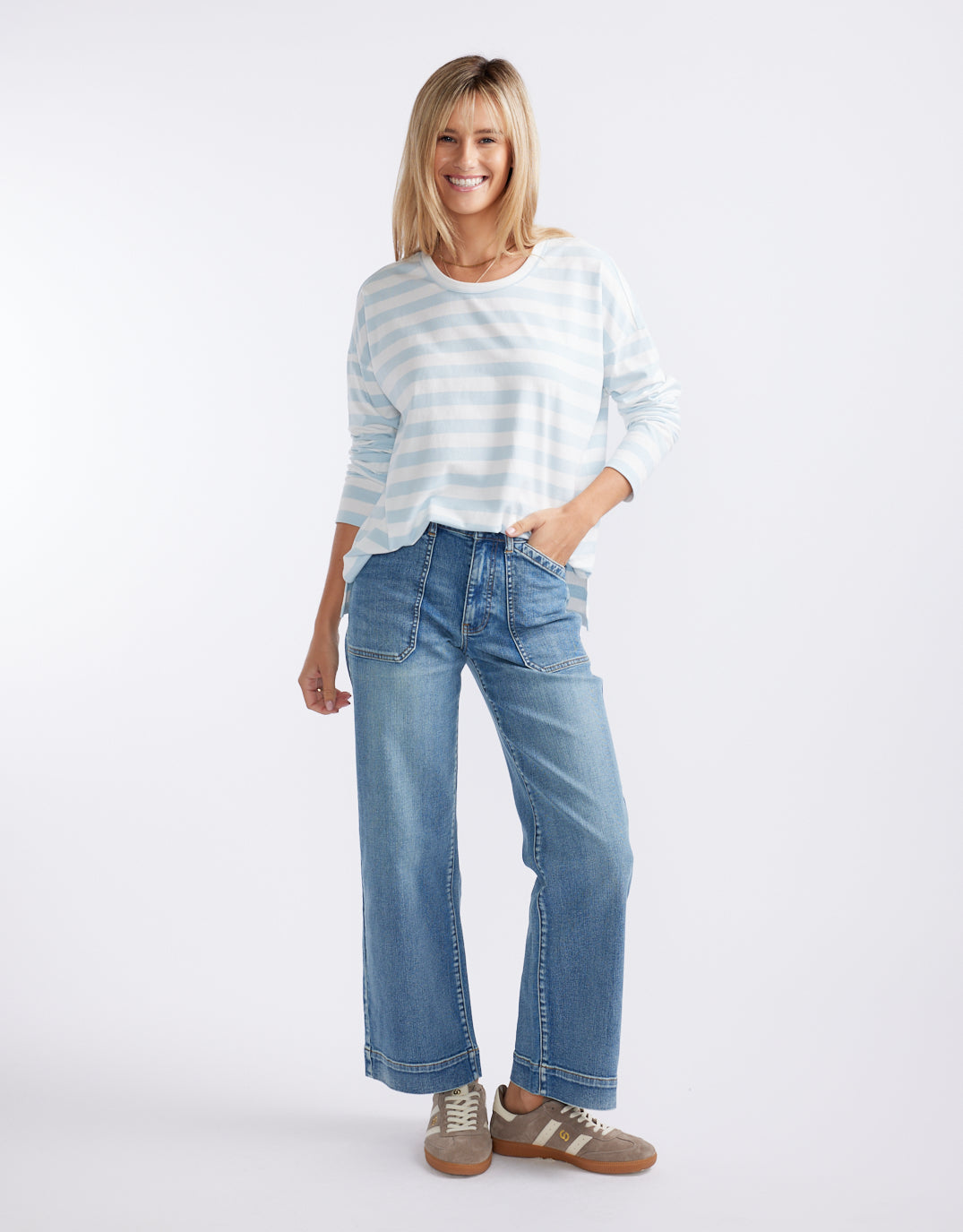 White & Co. Relaxed Long Sleeve T-Shirt (Ice Blue/White)