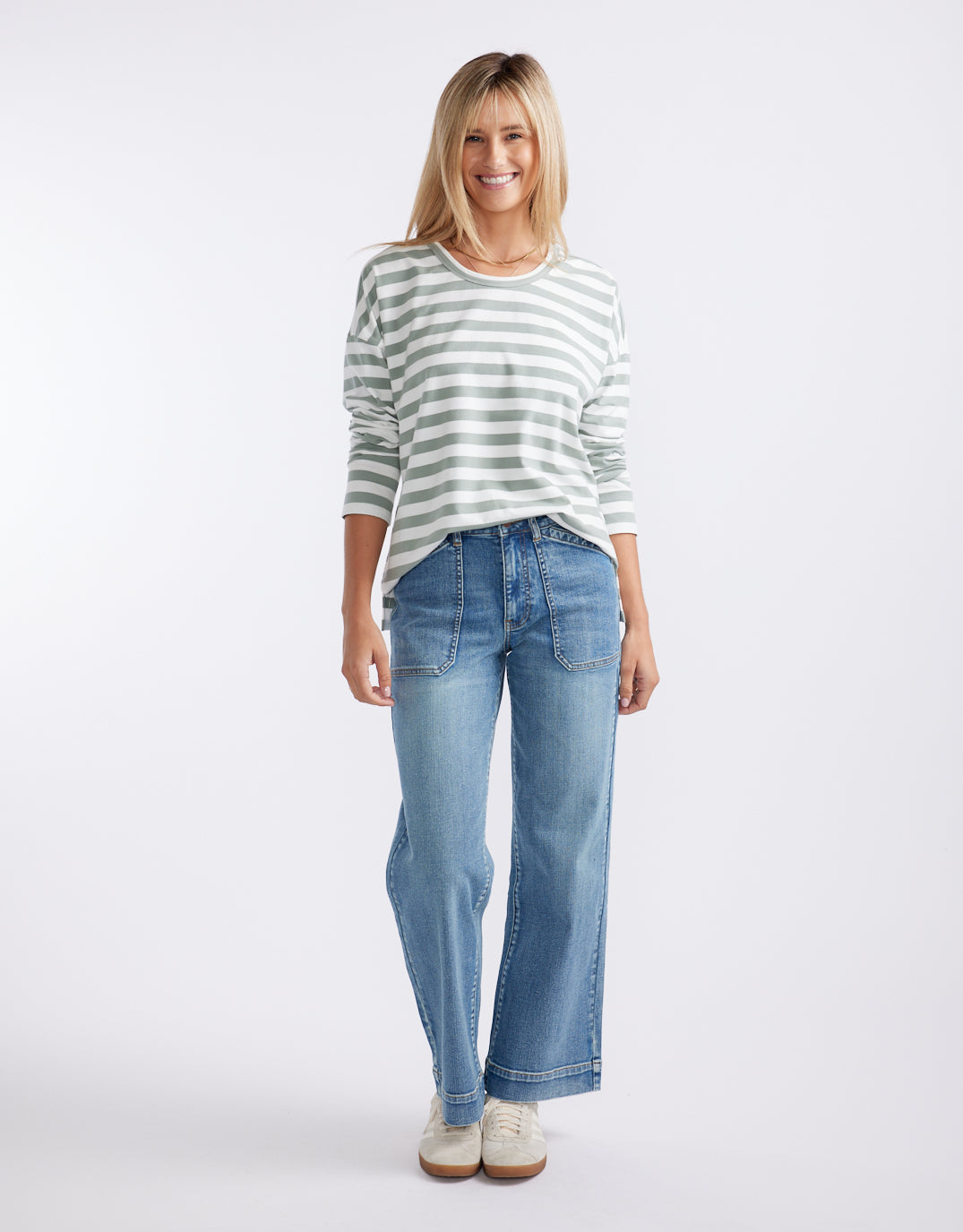 White & Co. Relaxed Long Sleeve T-Shirt (Sage/Cream)