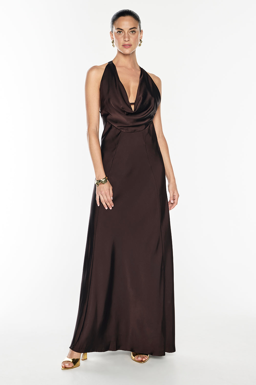 Image of Dresses. Productname: Charmed Cowl Slip Dress in Dark Chocolate colour by brand - Manning Cartell