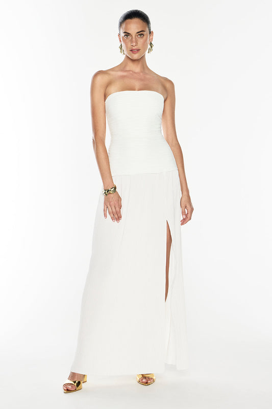 Image of Dresses. Productname: Double Time Pleat Strapless Dress in White colour by brand - Manning Cartell