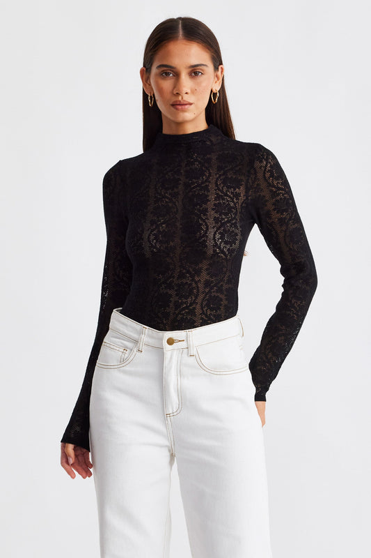 Image of a model wearing Tops. Productname: SNDYS RHEA LONG SLEEVE TOP in Black colour by brand - SNDYS