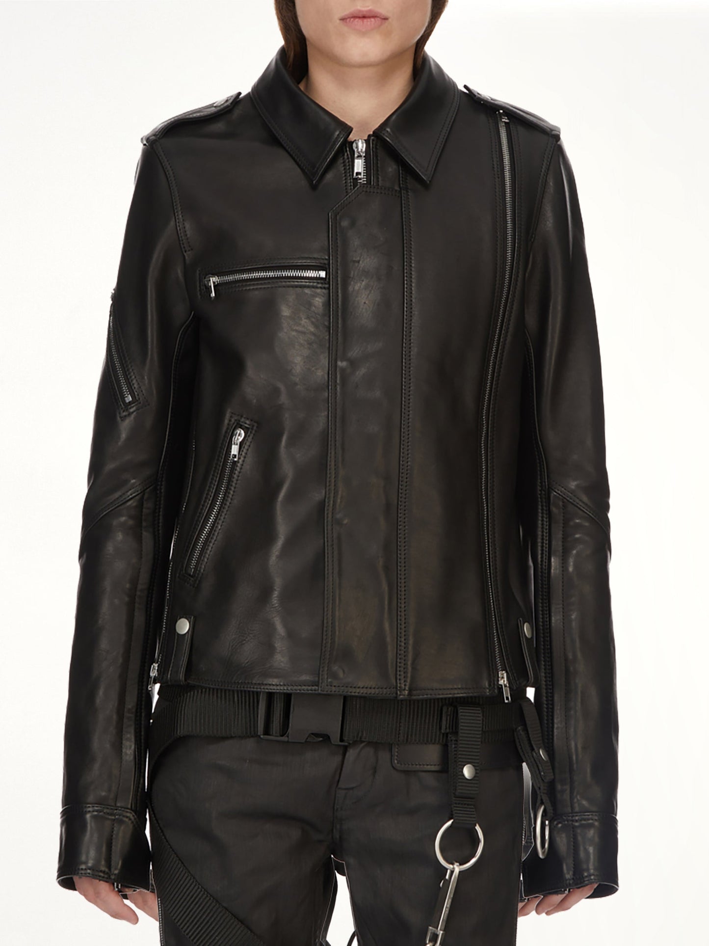 Image of Coats & Jackets. Product name - Vega Leather Jacket in Black colour by brand - RICK OWENS