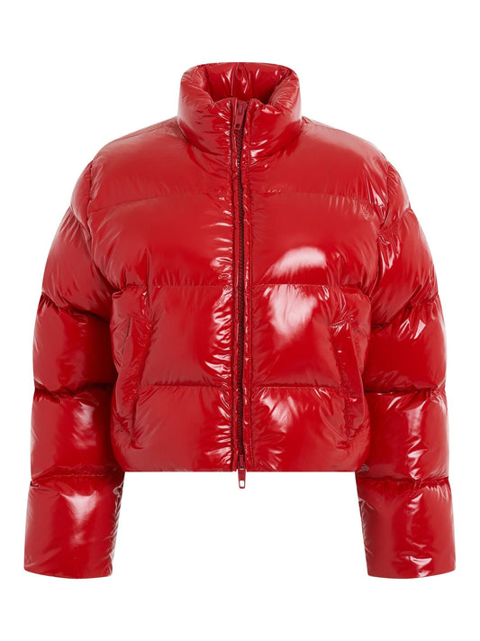 Image of a model wearing Outerwear. Productname: BALENCIAGA Shrunk Puffer Jacket in Red colour by brand - BALENCIAGA
