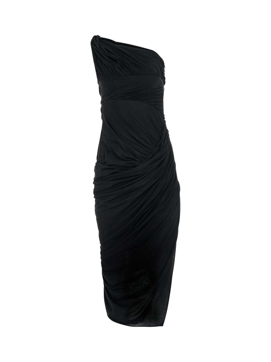 Image of a model wearing Dress. Productname: RICK OWENS Lido Draped Dress in Black colour by brand - RICK OWENS