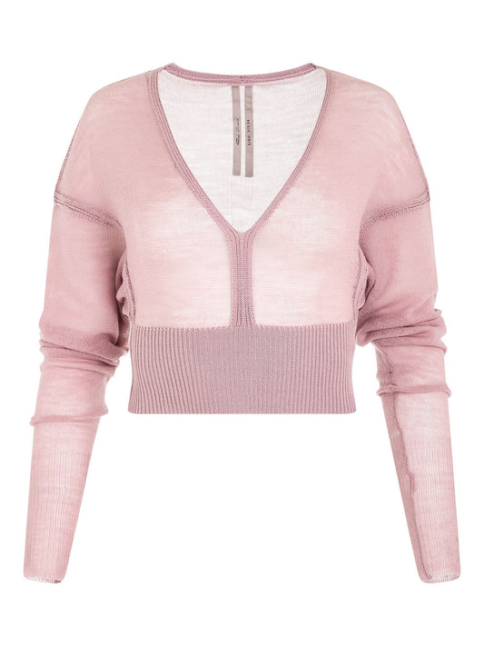 Image of a model wearing Outerwear. Productname: RICK OWENS Long Sleeve V Knit Sweater in Dusty Pink colour by brand - RICK OWENS