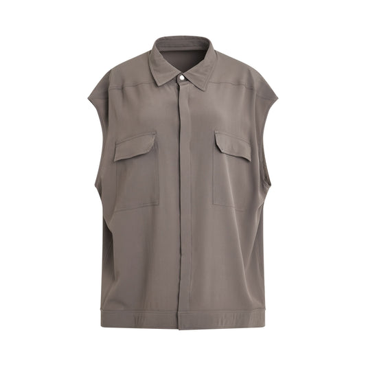 Image of a model wearing Tops. Productname: RICK OWENS Sleeveless Jumbo Outershirt in Dust colour by brand - RICK OWENS