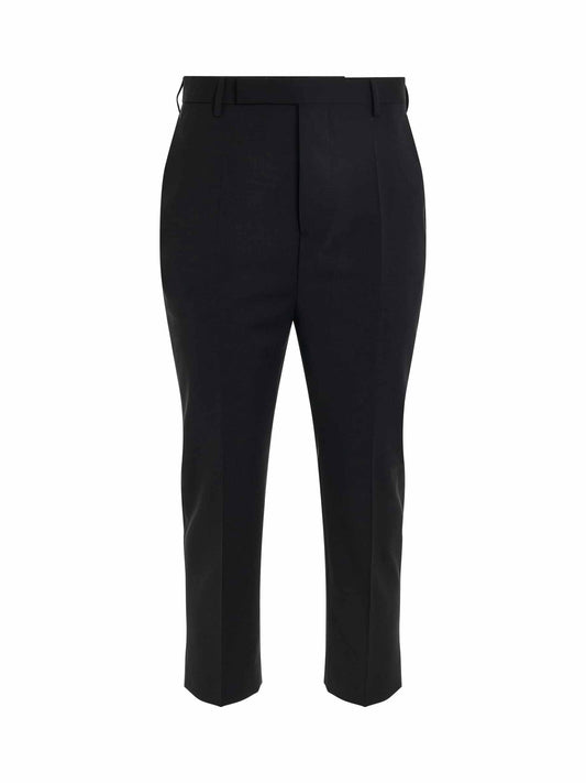 Image of a model wearing Pants. Productname: RICK OWENS Wool Astaires Cropped Pants in Black colour by brand - RICK OWENS