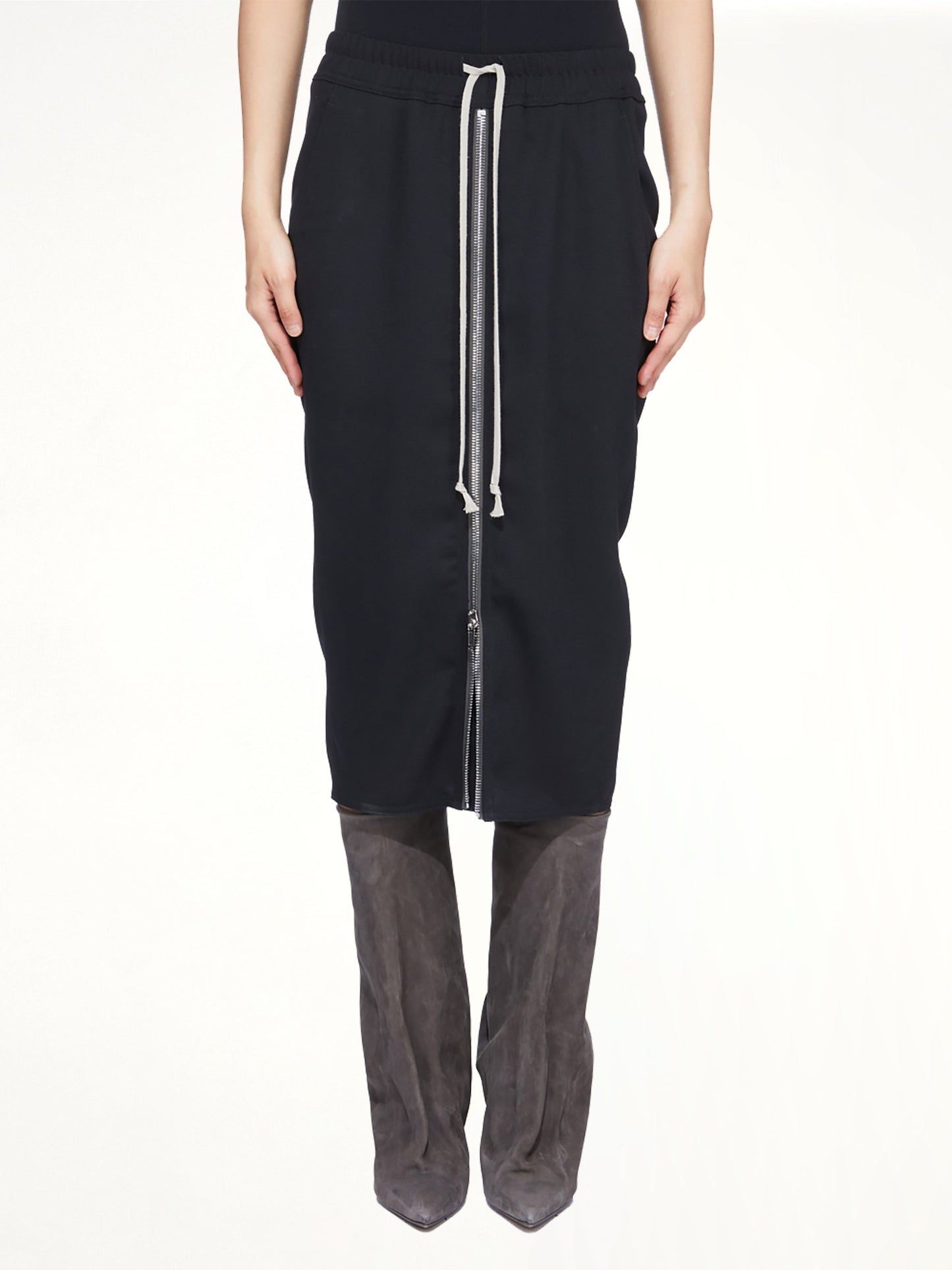Image of a model wearing Skirts. Product name - Zipped Short Pillar in Black colour by brand - RICK OWENS