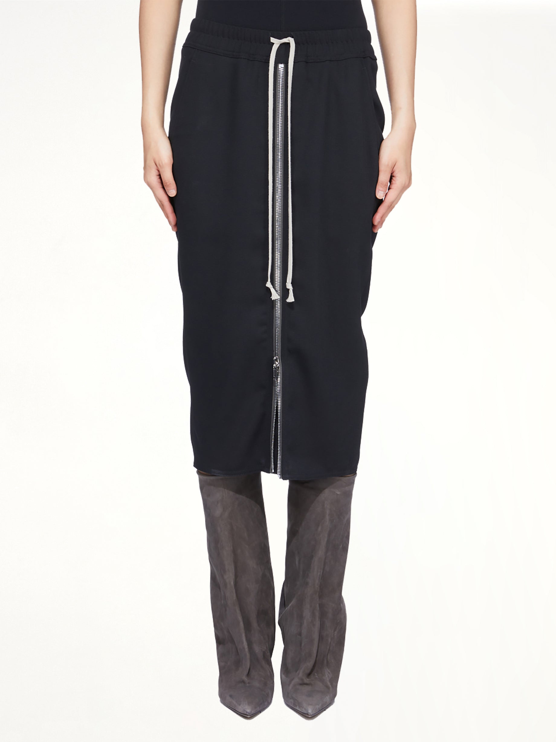 Image of a model wearing Skirts. Product name - Zipped Short Pillar in Black colour by brand - RICK OWENS
