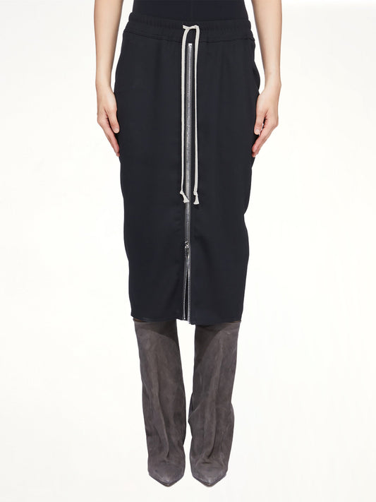 Image of a model wearing Skirts. Product name - Zipped Short Pillar in Black colour by brand - RICK OWENS