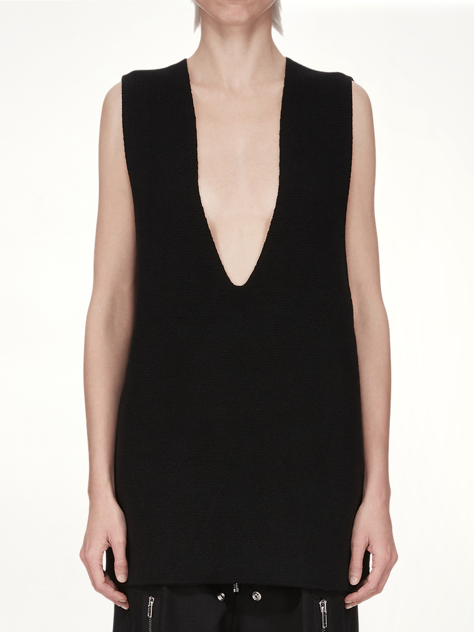 Image of a model wearing Outerwear. Productname: RICK OWENS V Tank Sweater in Black colour by brand - RICK OWENS
