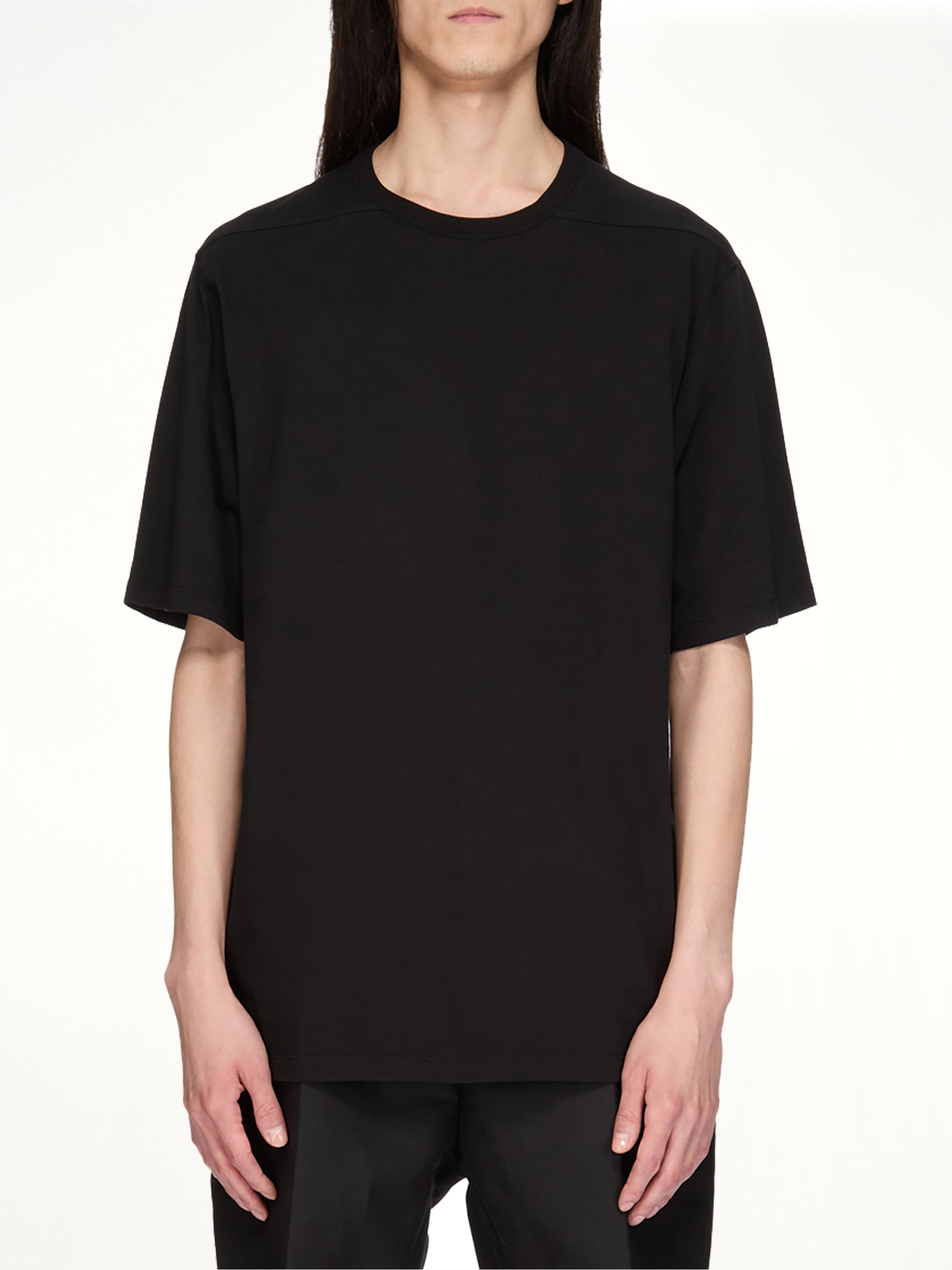 Image of a model wearing Tops. Product name - Brad T in Black colour by brand - RICK OWENS