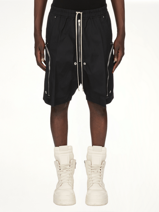 Image of a model wearing Shorts. Productname: RICK OWENS Bauhaus Bela in Black colour by brand - RICK OWENS