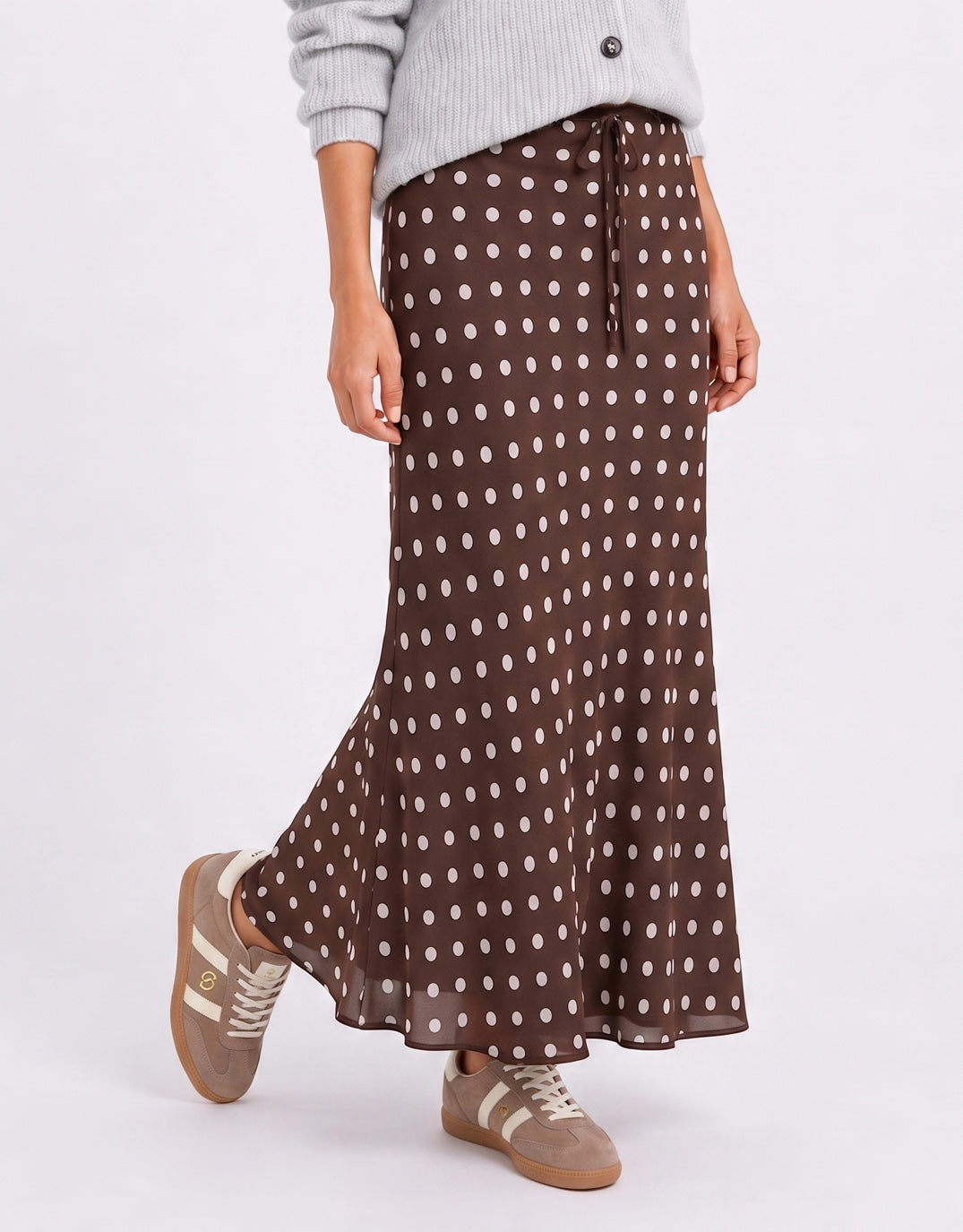 Among the Brave Rally Georgette Bias Cut Maxi Skirt (Chocolate Polka Dot)