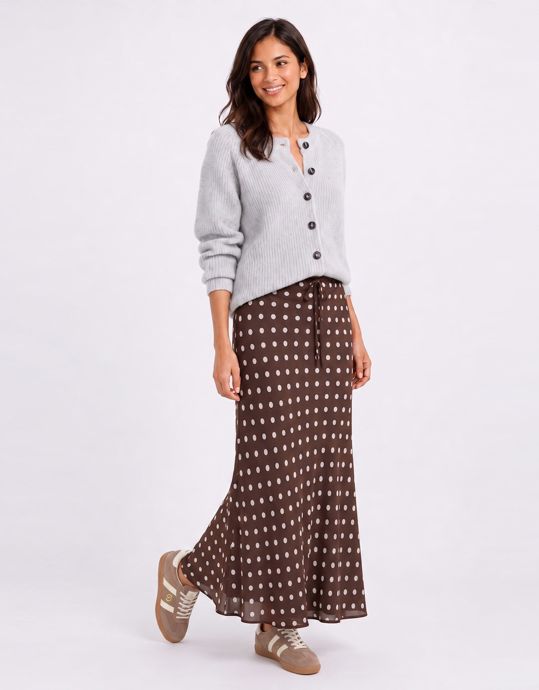 Among the Brave Rally Georgette Bias Cut Maxi Skirt (Chocolate Polka Dot)